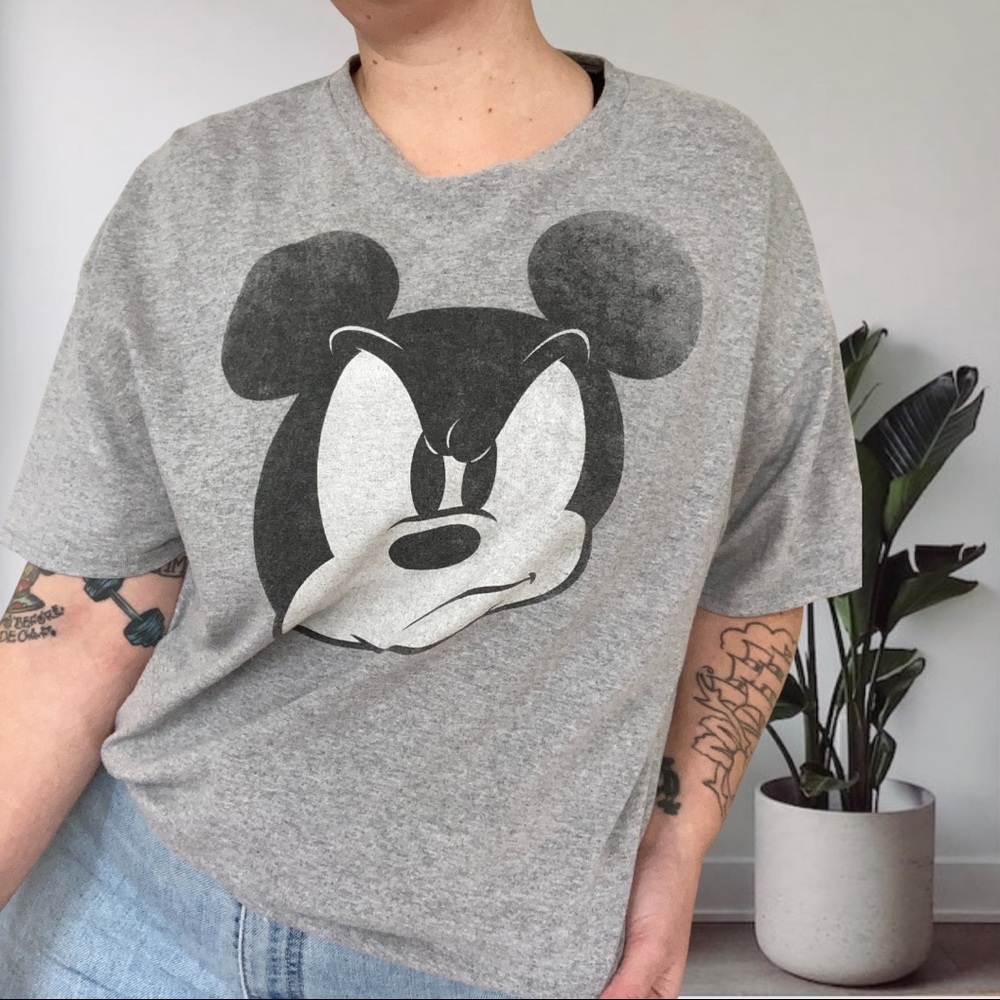 Disney Retro Mickey Mouse Mean Mug Y2K  Graphic Tee Grey XXL